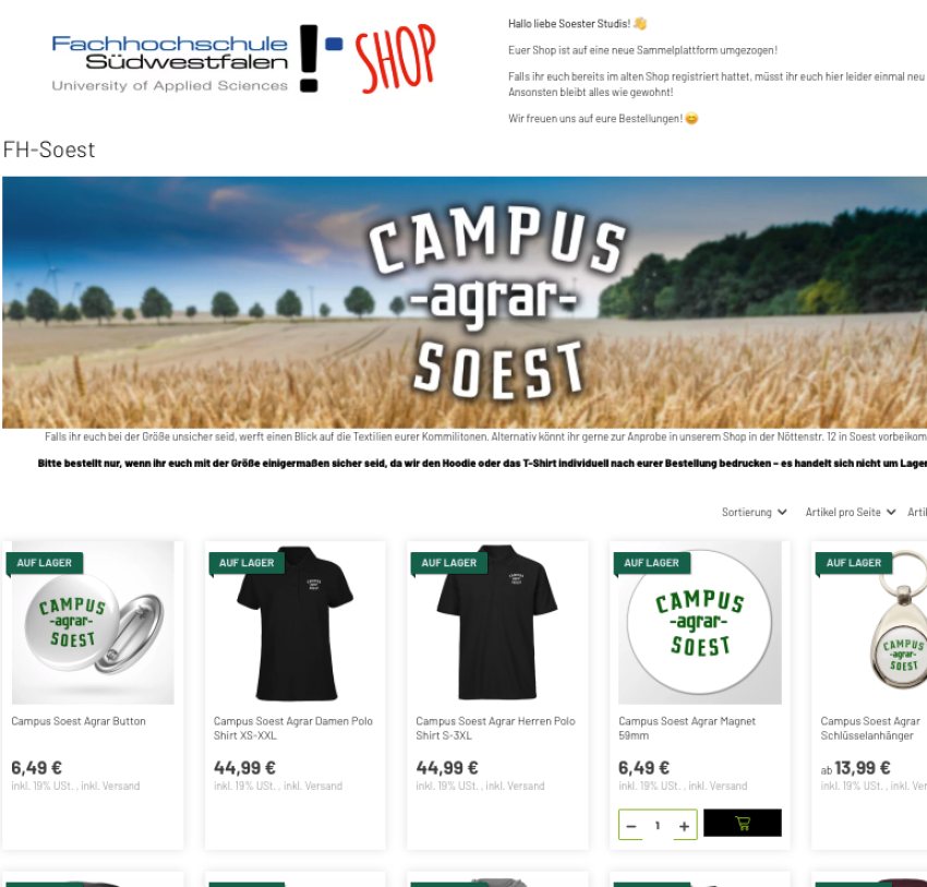 Shopseite der Campus-Kollektion der FH Soest