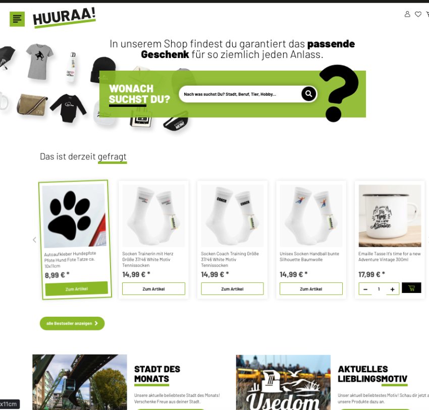Startseite des Onlineshops Huuraa